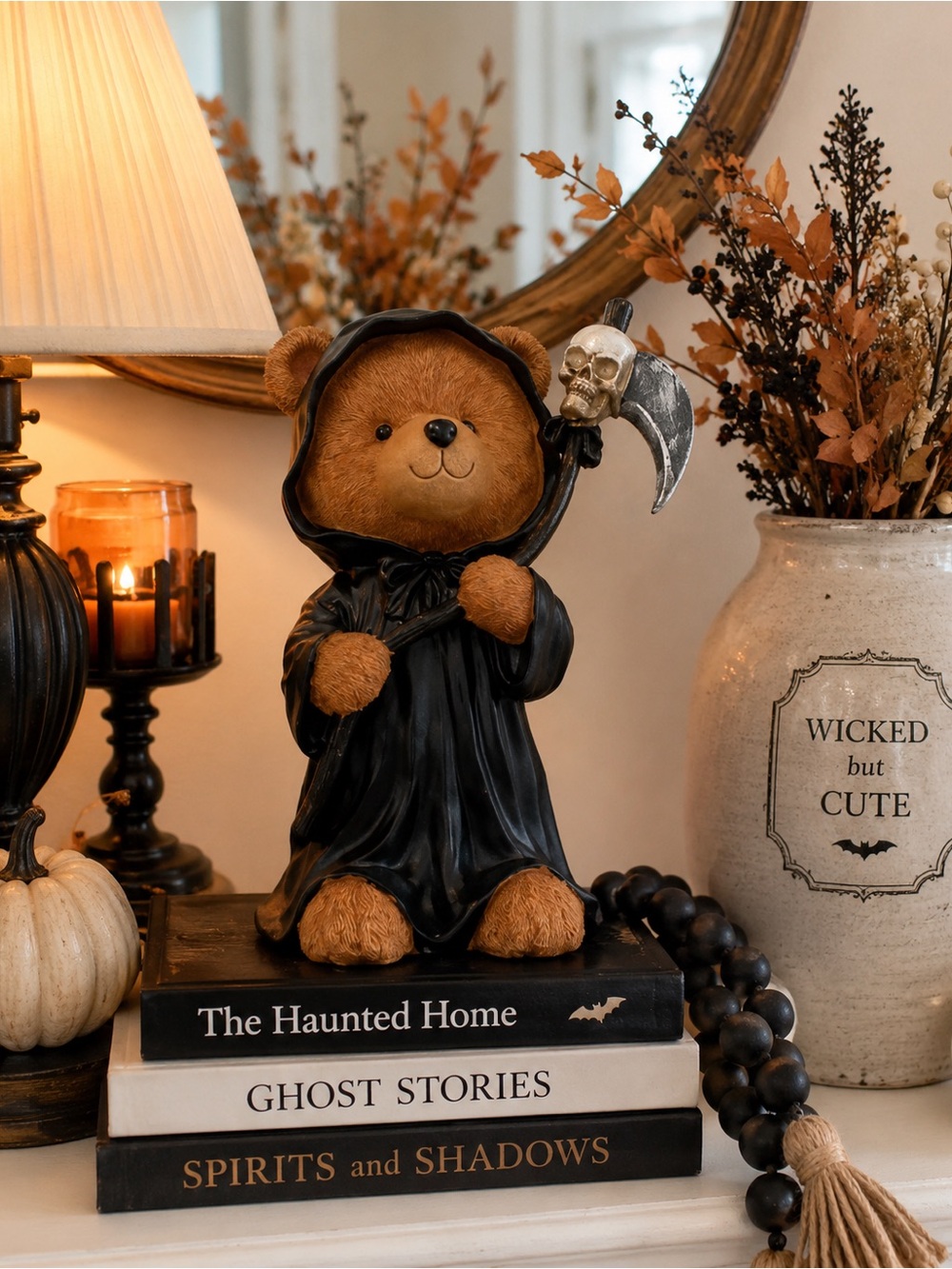 Grim Reaper Teddy Bear Halloween Figurine with Skull Scythe Spooky Gothic Decor